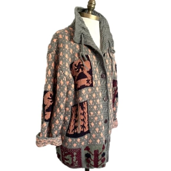 Cote-Rotie Gray Orange Patchwork Patterned Kidcore Cardigan Sweater - M/L - Picture 4 of 10